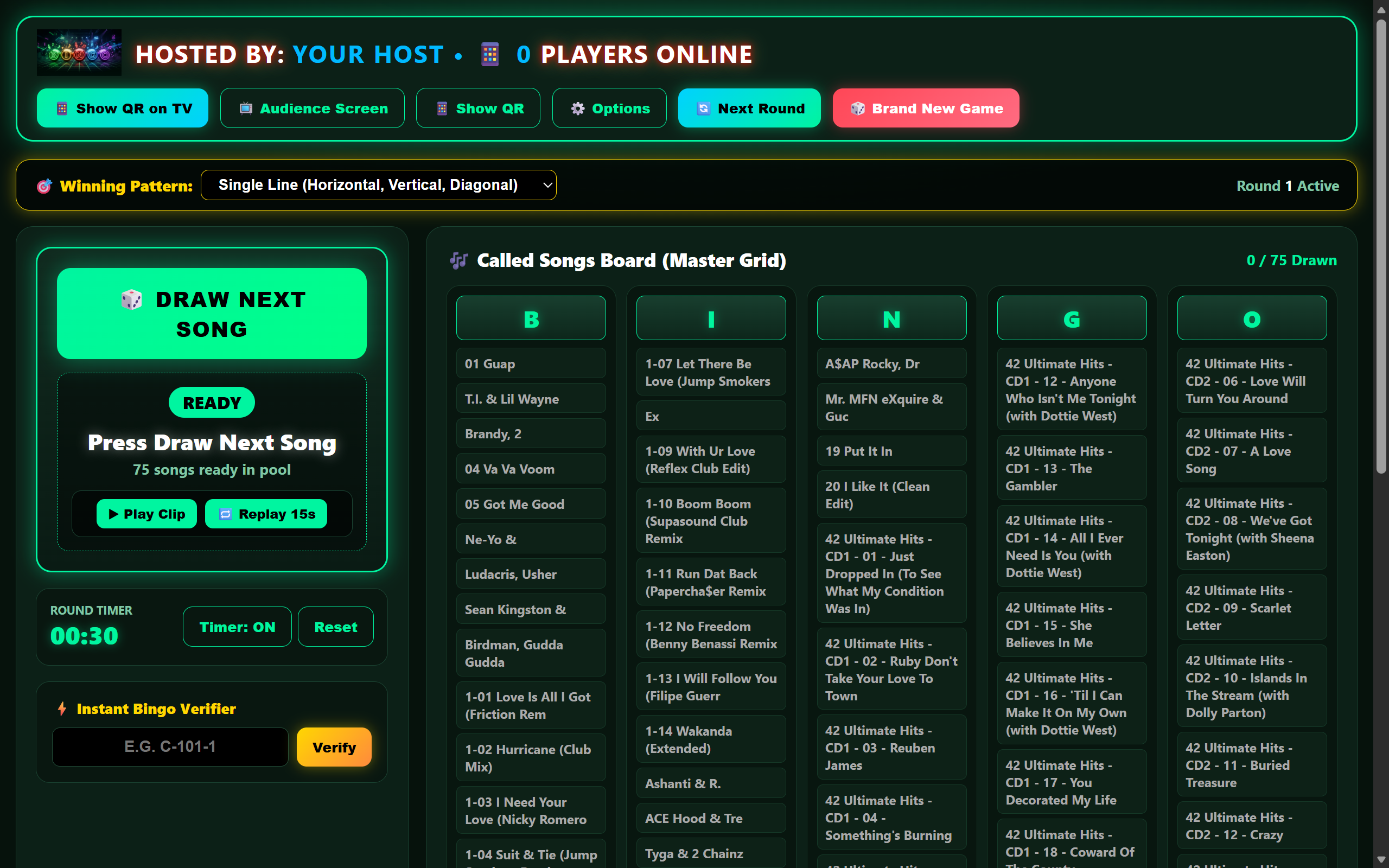 DJJR Music Bingo host screen — master board of called songs, draw controls and instant bingo verifier